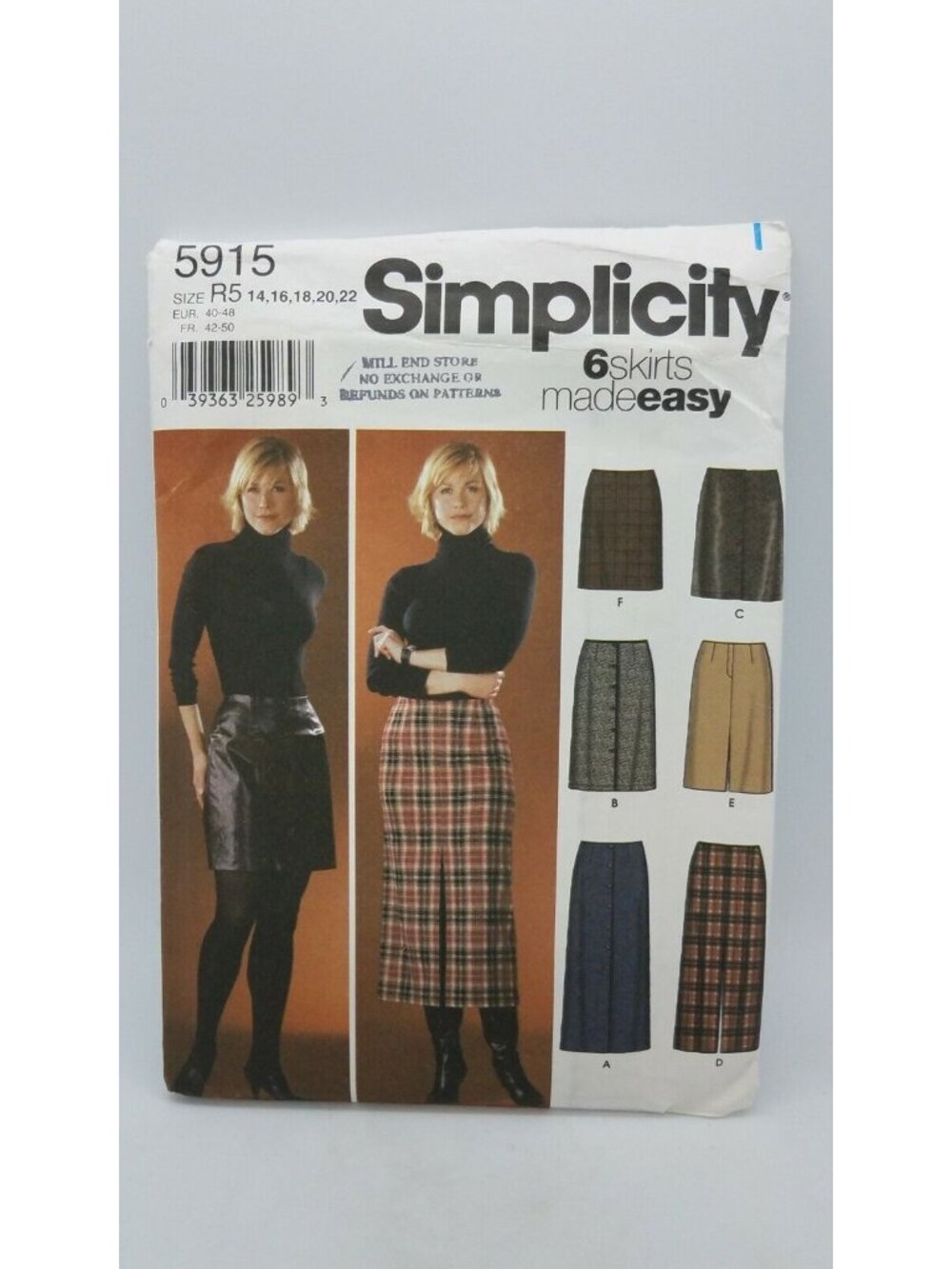 Simplicity Sewing Pattern 5915 Misses 6 Skirts 3 Lengths Size 14-16 CUT
